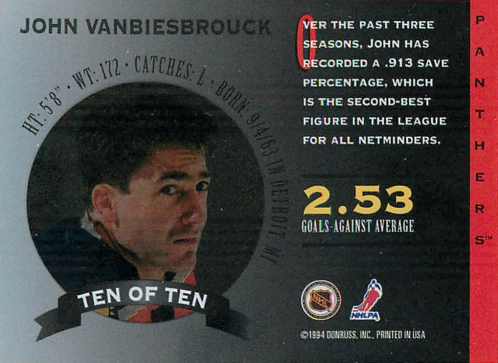1994-95 Donruss - John Vanbiesbrouck - Masked Marvels #10