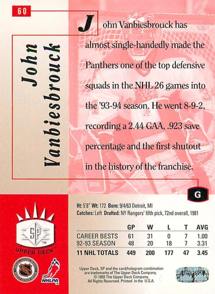 1993-94 UD Series - John Vanbiesbrouck - SP #60