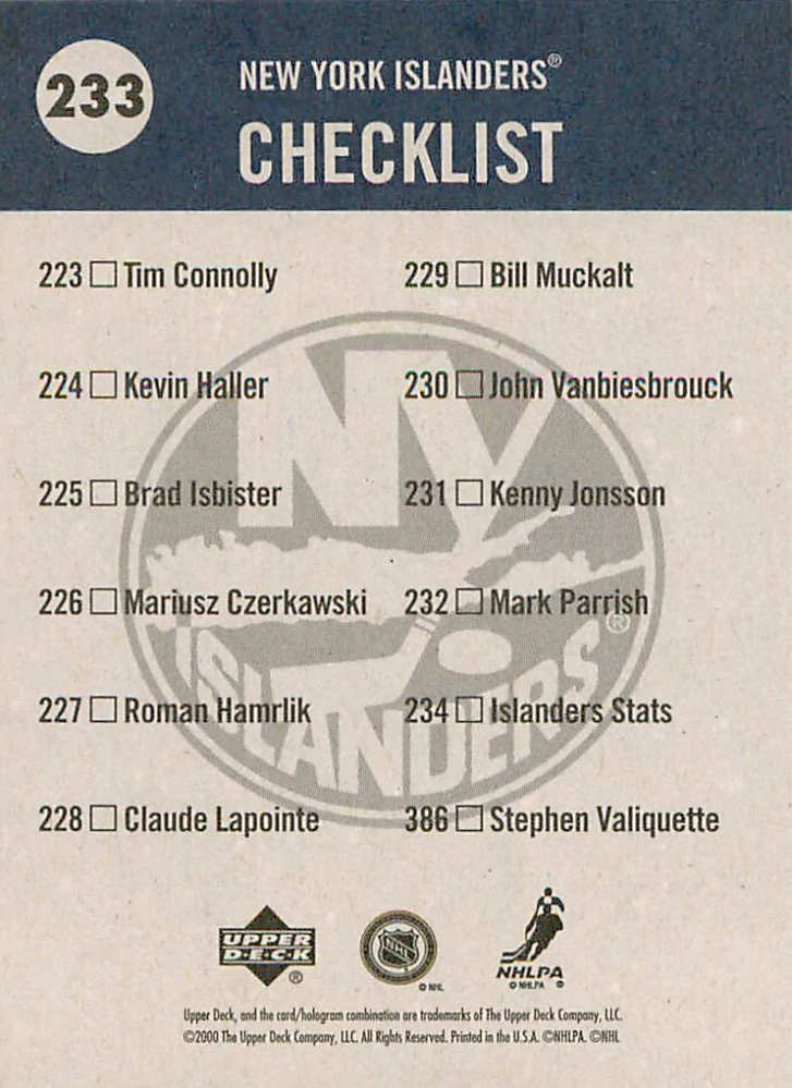 2000-01 UD Vintage - Islanders - Checklist #233