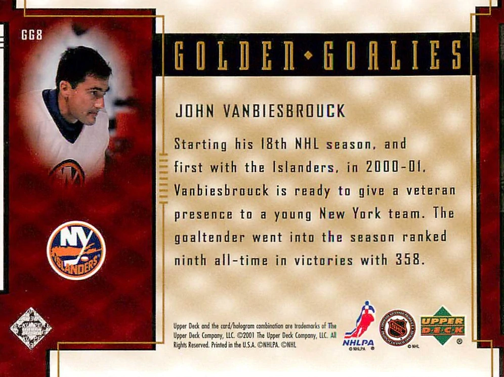 2000-01 UD Reserve - John Vanbiesbrouck - Golden Goalies #GG8