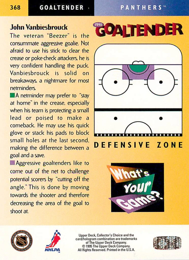 1995-96 UD Collectors Choice - John Vanbiesbrouck - What's Your Game? - Players Club #368