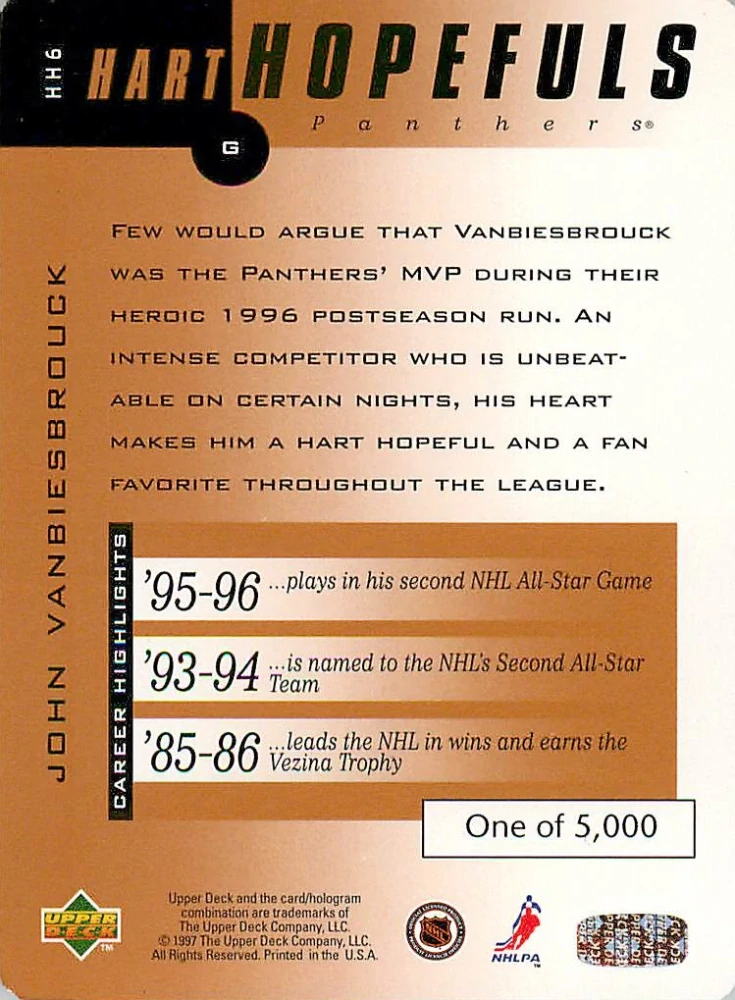 1996-97 UD Series 2 - John Vanbiesbrouck - Hart Hopefuls Bronze /5000 #HH6