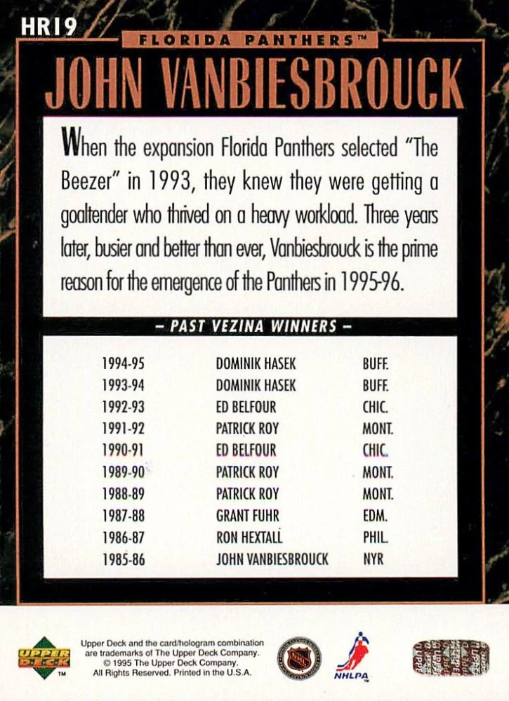 1995-96 UD Series 1 - John Vanbiesbrouck - Award Predictor (Redemption) #HR19