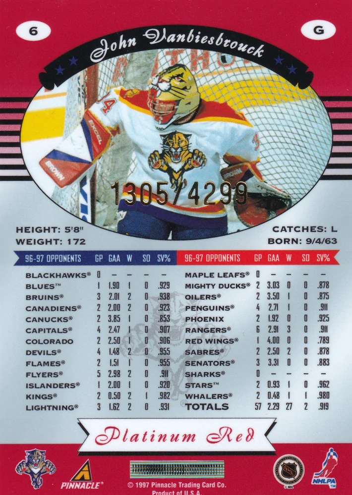 1997-98 Pinnacle Totally Certified - John Vanbiesbrouck - Platinum Red /4299 #6