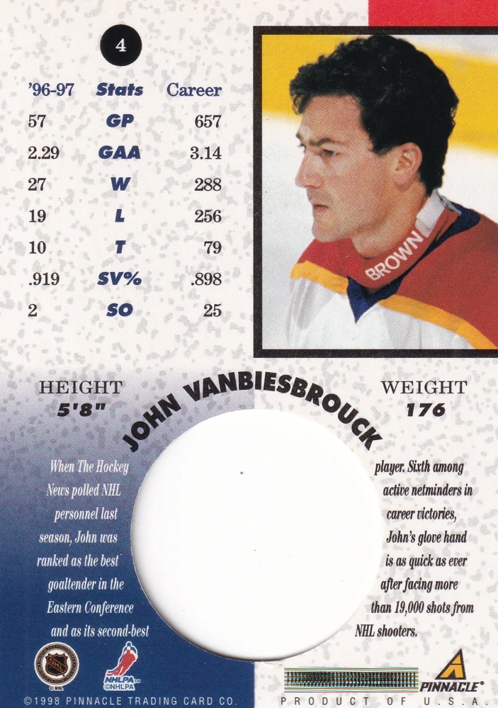 1997-98 Pinnacle Mint Collection - John Vanbiesbrouck - Die Cut #4