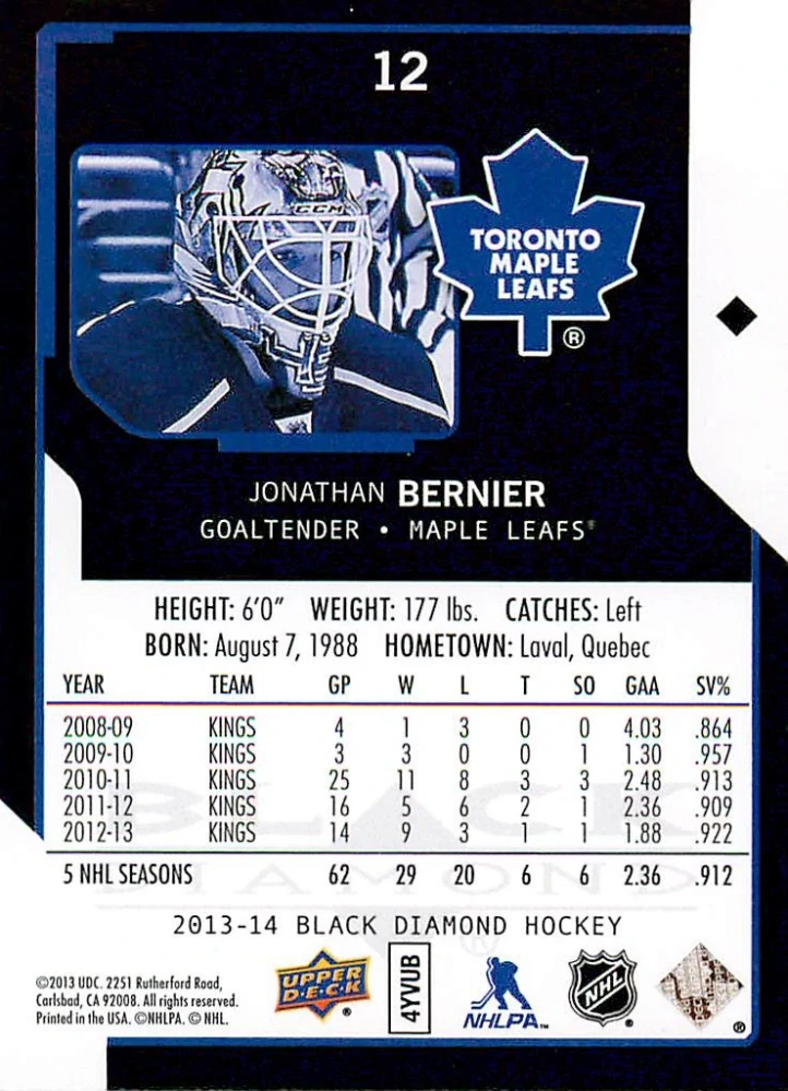 2013-14 UD Black Diamond - Jonathan Bernier #12