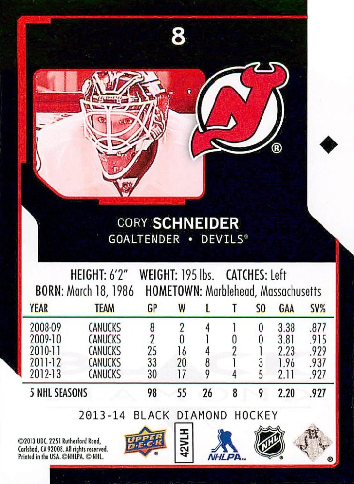 2013-14 UD Black Diamond - Cory Schneider #8