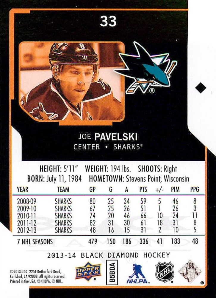 2013-14 UD Black Diamond - Joe Pavelski #33