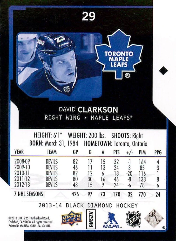 2013-14 UD Black Diamond - David Clarkson #29
