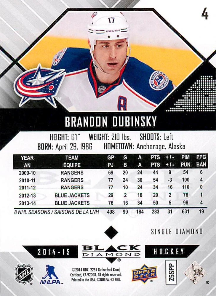 2014-15 UD Black Diamond - Brandon Dubinsky #4