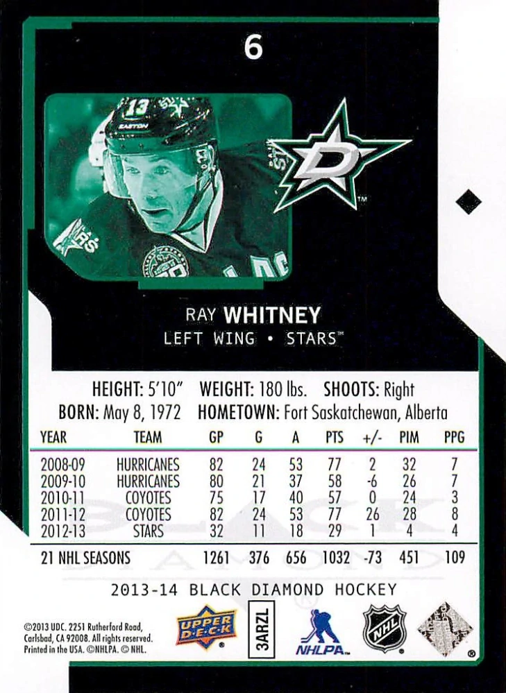 2013-14 UD Black Diamond - Ray Whitney #6