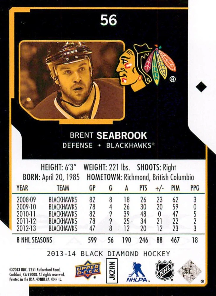 2013-14 UD Black Diamond - Brent Seabrook #56