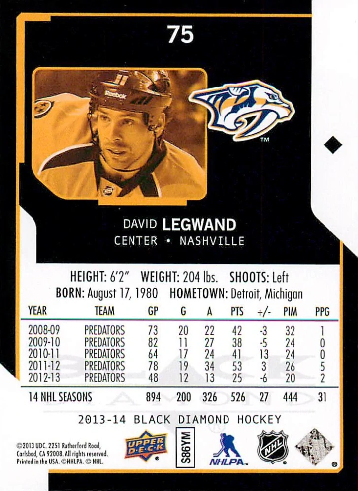 2013-14 UD Black Diamond - David Legwand #75