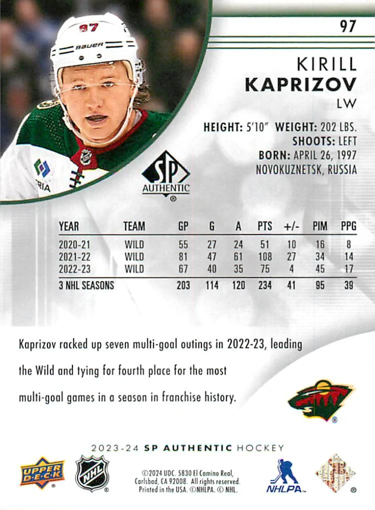 2023-24 UD SP Authentic - Kirill Kaprizov #97