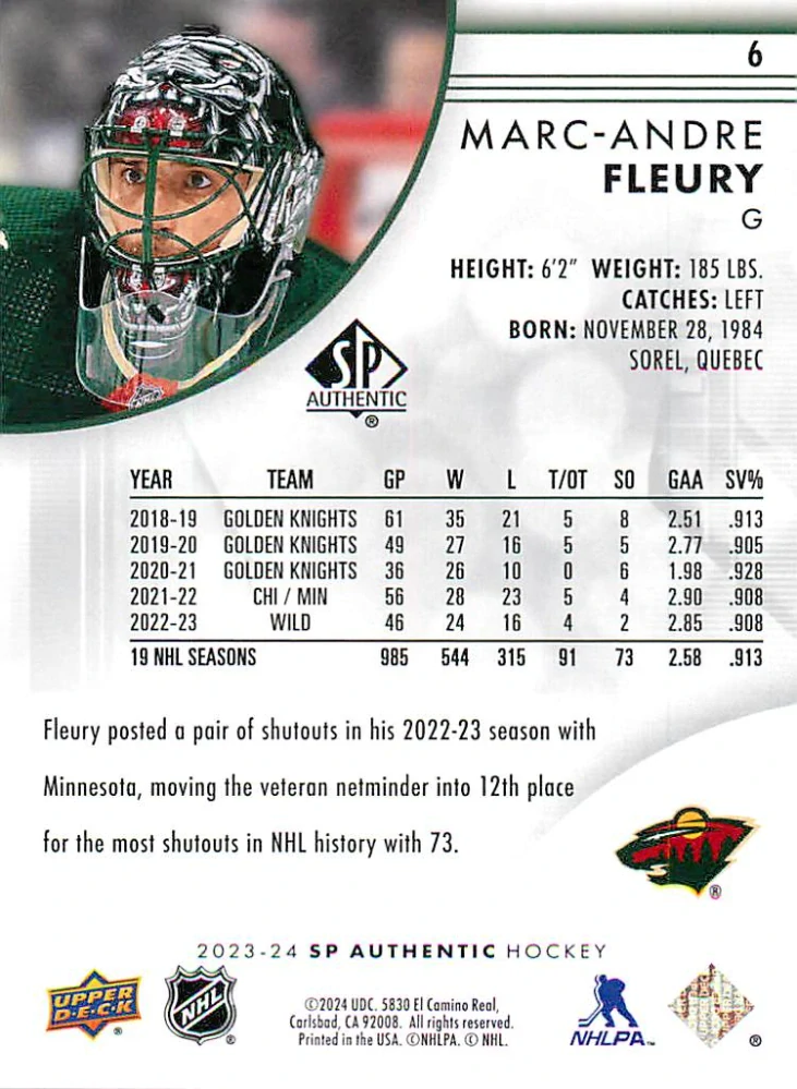 2023-24 UD SP Authentic - Marc-Andre Fleury #6