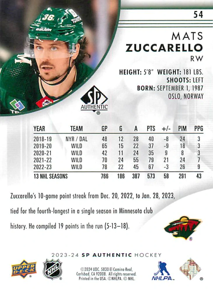 2023-24 UD SP Authentic - Mats Zuccarello #54
