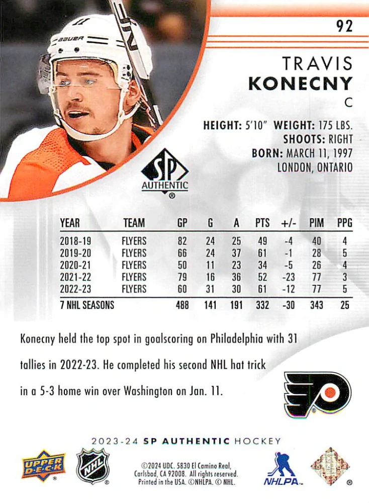 2023-24 UD SP Authentic - Travis Konecny #92