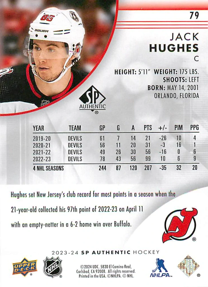 2023-24 UD SP Authentic - Jack Hughes #79