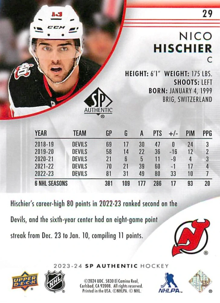2023-24 UD SP Authentic - Nico Hischier #29