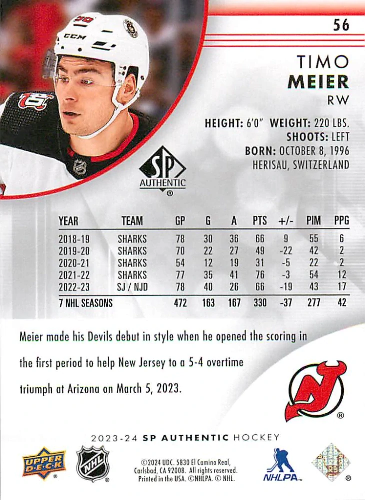 2023-24 UD SP Authentic - Timo Meier #56