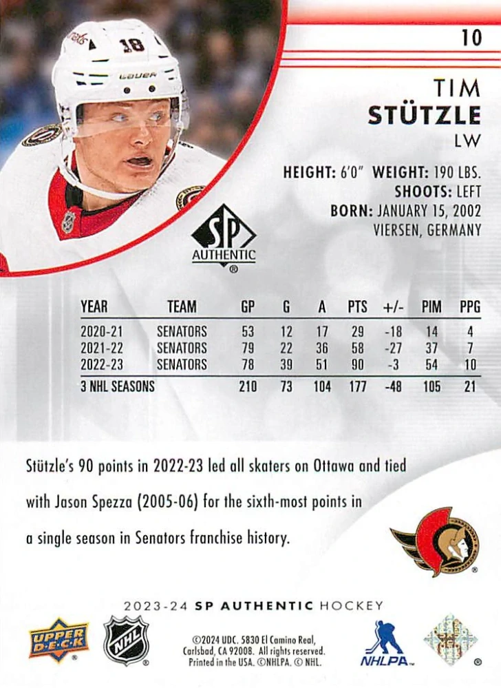 2023-24 UD SP Authentic - Tim Stutzle #10