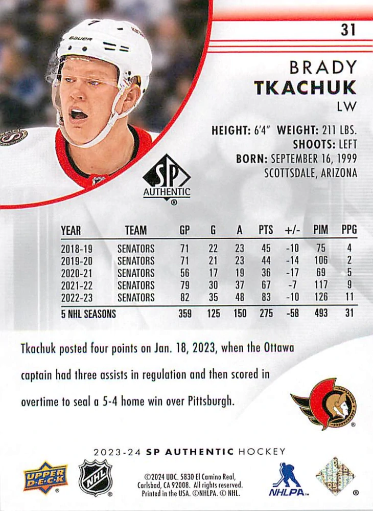 2023-24 UD SP Authentic - Brady Tkachuk #31