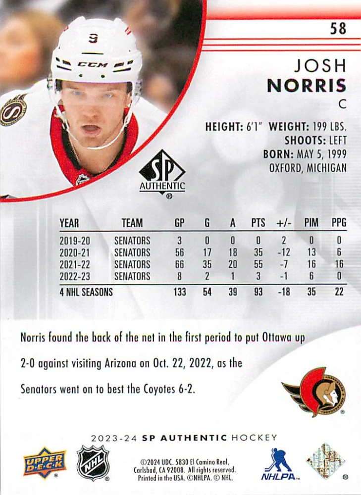 2023-24 UD SP Authentic - Josh Norris #58