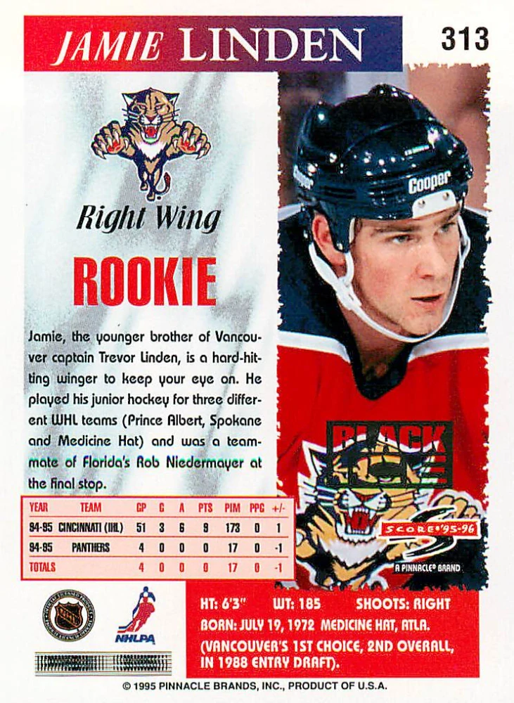 1995-96 Score - Jamie Linden - Rookie - Black Ice #313