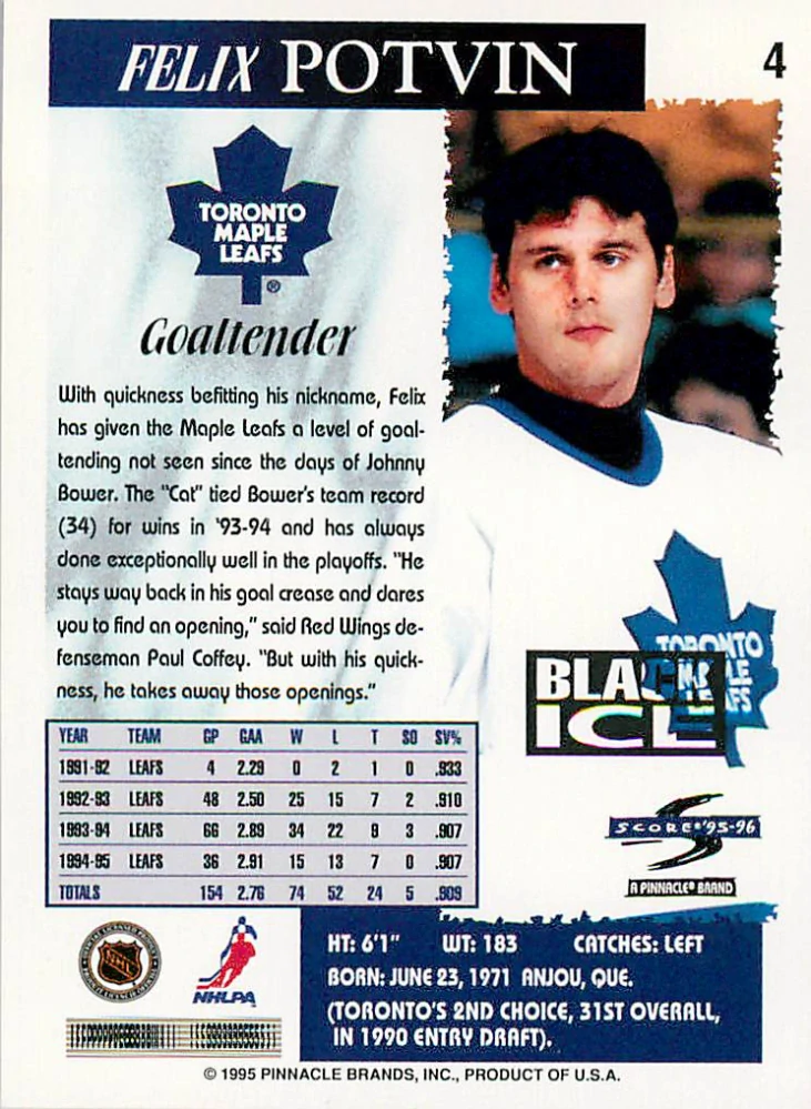 1995-96 Score - Felix Potvin - Black Ice #4