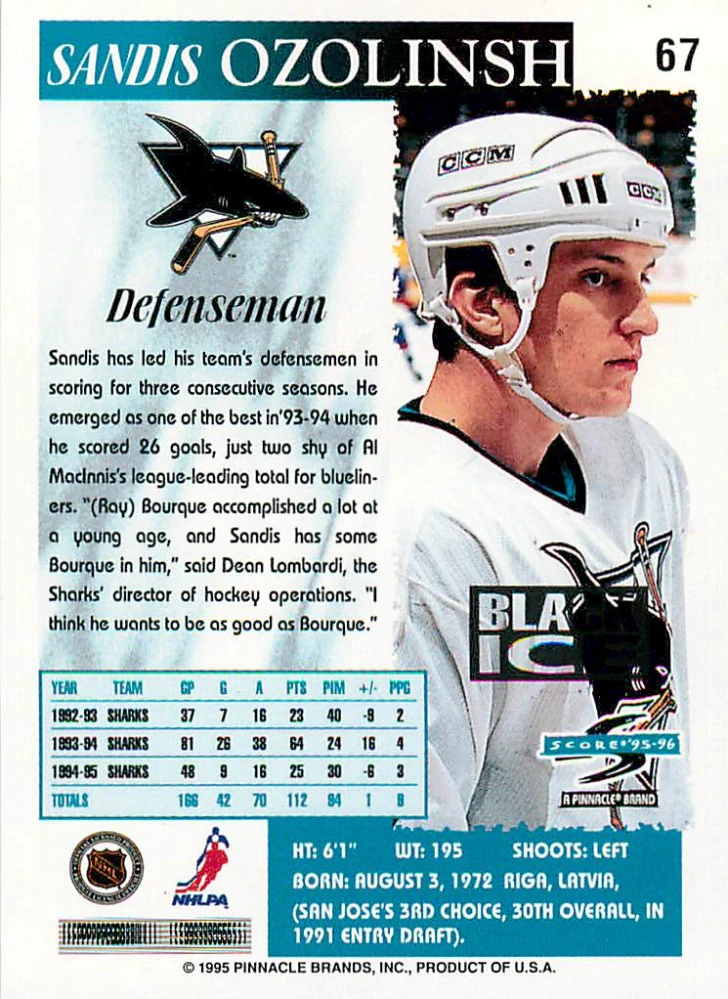1995-96 Score - Sandis Ozolinsh - Black Ice #67