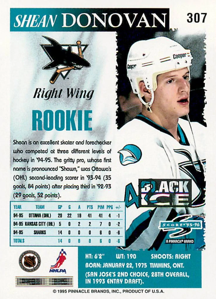 1995-96 Score - Shean Donovan - Rookie - Black Ice #307
