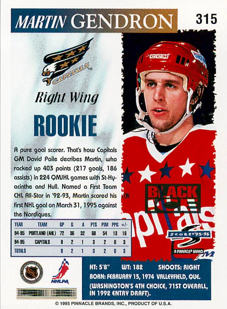 1995-96 Score - Martin Gendron - Rookie - Black Ice #315