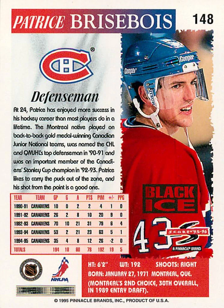 1995-96 Score - Patrice Brisebois - Black Ice #148