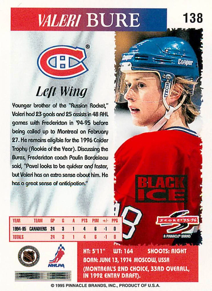 1995-96 Score - Valeri Bure - Black Ice #138