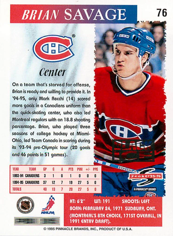 1995-96 Score - Brian Savage - Black Ice #76