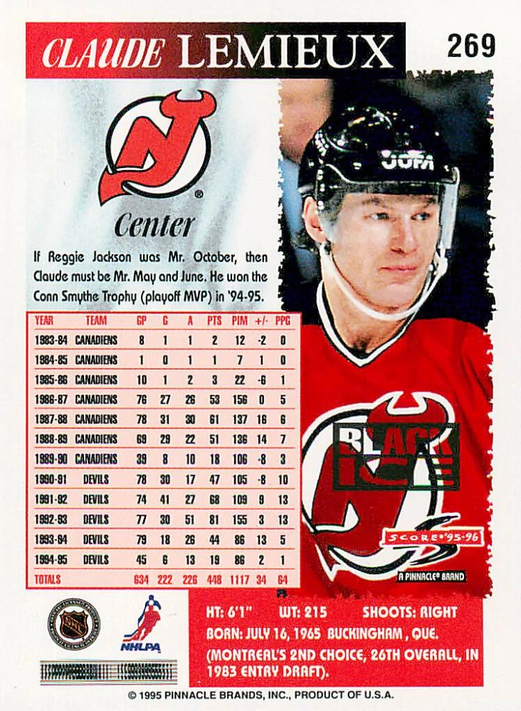 1995-96 Score - Claude Lemieux - Black Ice #269