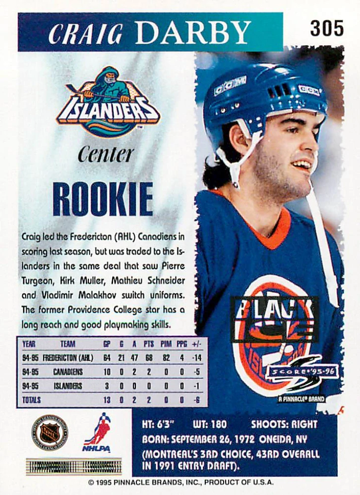 1995-96 Score - Craig Darby - Rookie - Black Ice #305