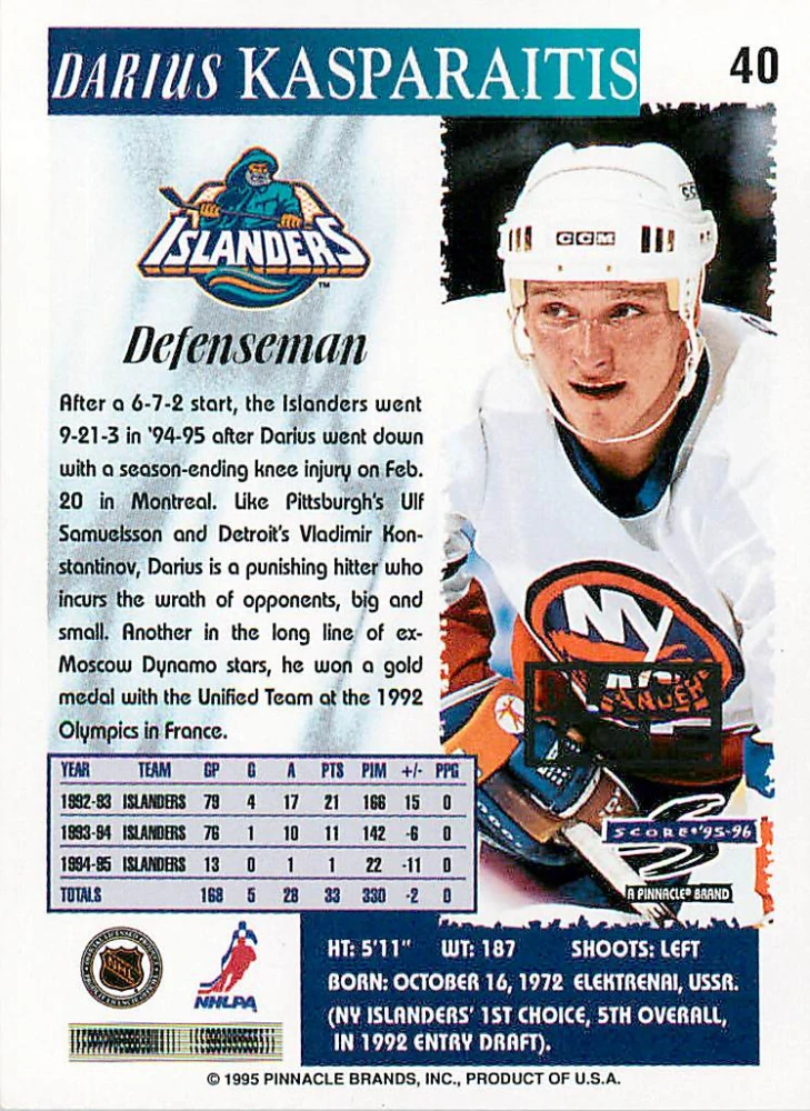 1995-96 Score - Darius Kasparaitis - Black Ice #40