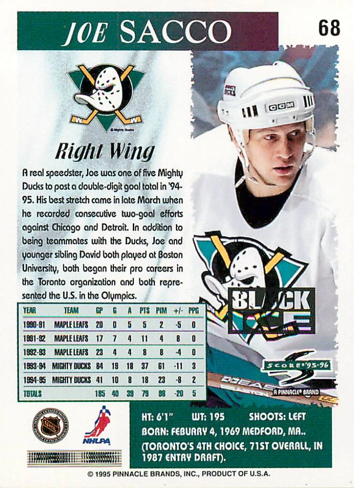 1995-96 Score - Joe Sacco - Black Ice #68