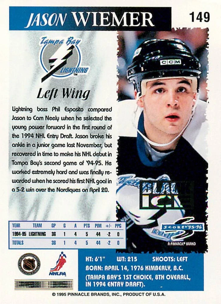 1995-96 Score - Jason Wiemer - Black Ice #149
