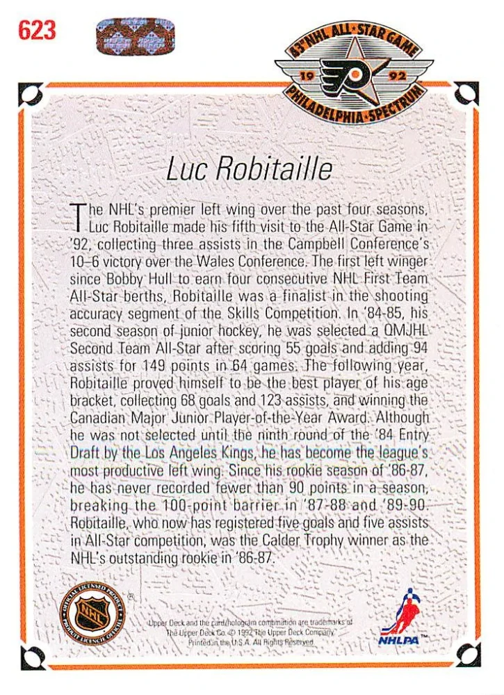 1991-92 UD Series - Luc Robitaille - All-Star (English) #623