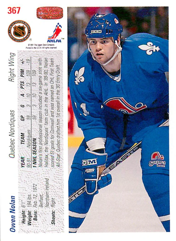 1991-92 UD Series - Owen Nolan (English) #367