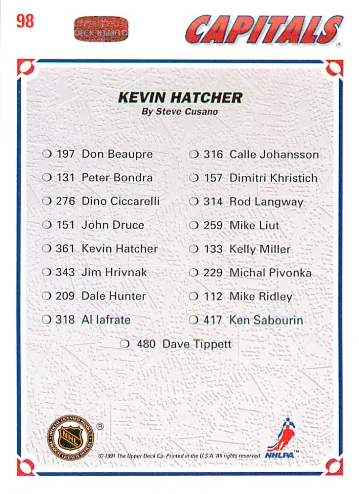 1991-92 UD Series - Kevin Hatcher - Capitals Checklist #98