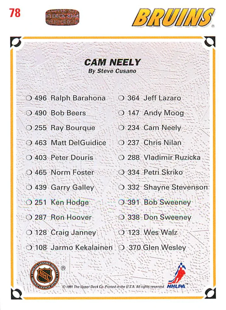 1991-92 UD Series - Cam Neely - Bruins Checklist #78