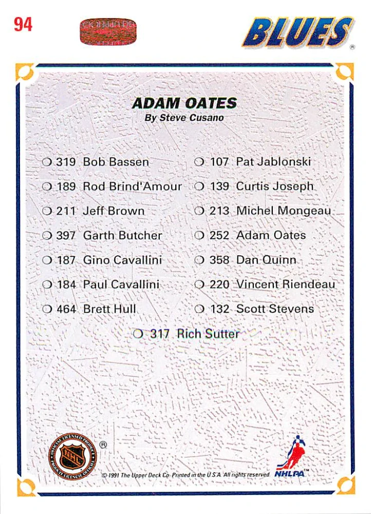 1991-92 UD Series - Adam Oates - Blues Checklist #94