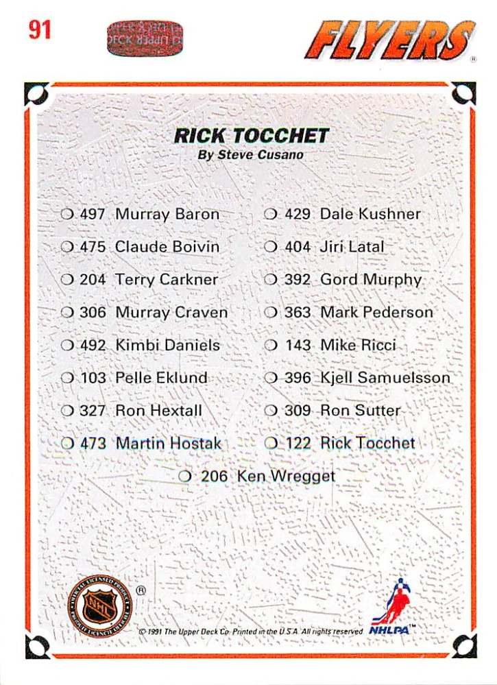 1991-92 UD Series - Rick Tocchet - Flyers Checklist #91