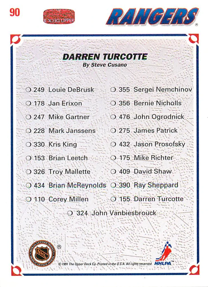 1991-92 UD Series - Darren Turcotte - Rangers Checklist #90