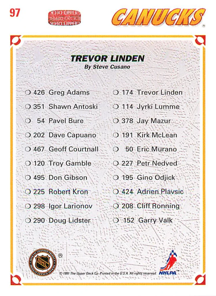 1991-92 UD Series - Trevor Linden - Canucks Checklist #97