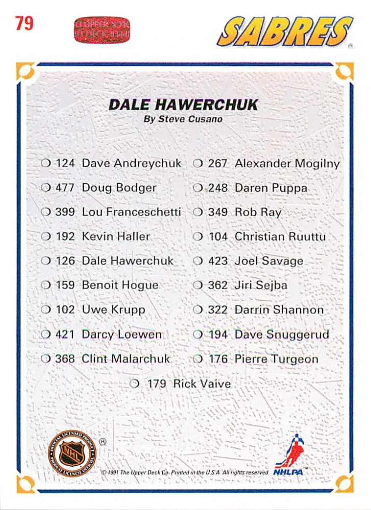 1991-92 UD Series - Dale Hawerchuk - Sabres Checklist #79