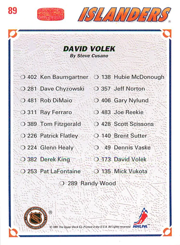 1991-92 UD Series - David Volek - Islanders Checklist #89